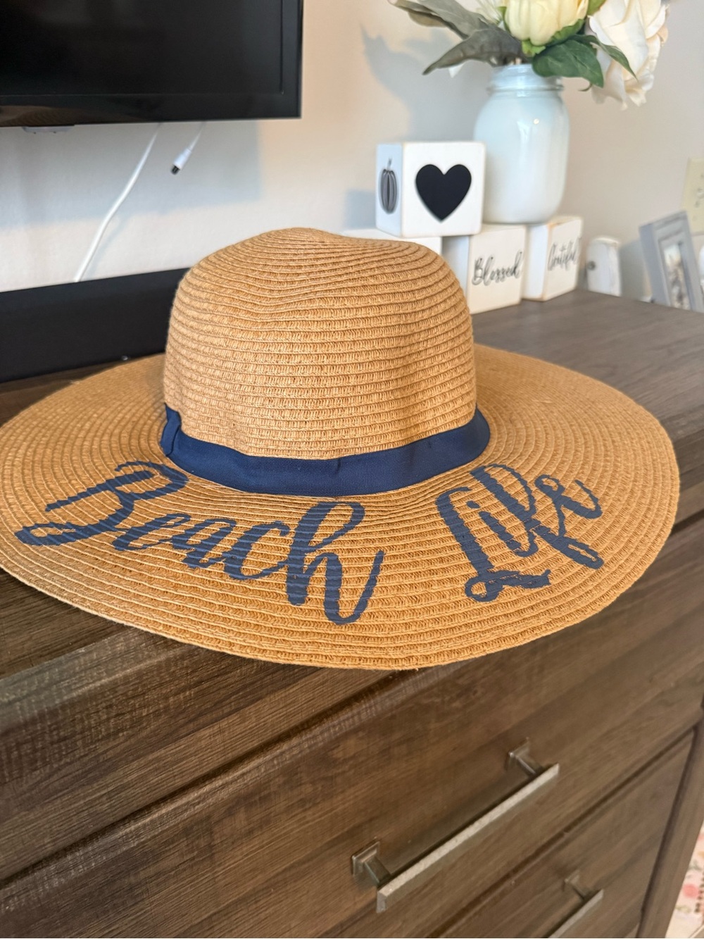 Wide Brim Straw Sun Hat with Navy Accent - "Beach Life"